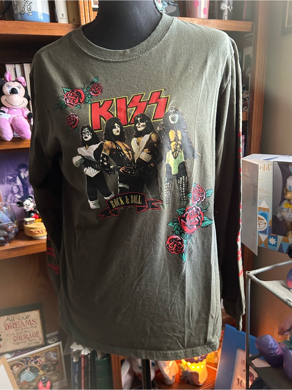 Kiss Olive Green Long Sleeve Tee with Rose Graphic